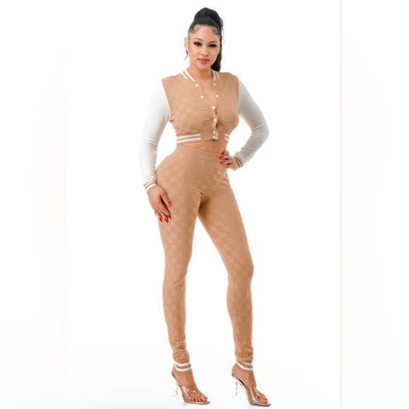 Khaki Two Piece Knit Varsity Stye Jacket Top High Waisted Knit Leggings Joggers - Picture 2 of 13